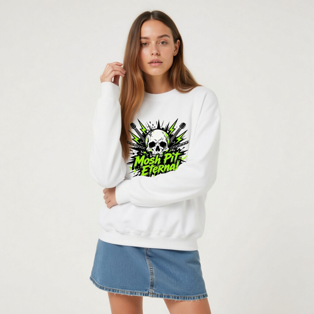 Mosh Pit Eternal Skull Sweatshirt | Unisex Crew Neck, Neon Green & Black Graphic - Image 8