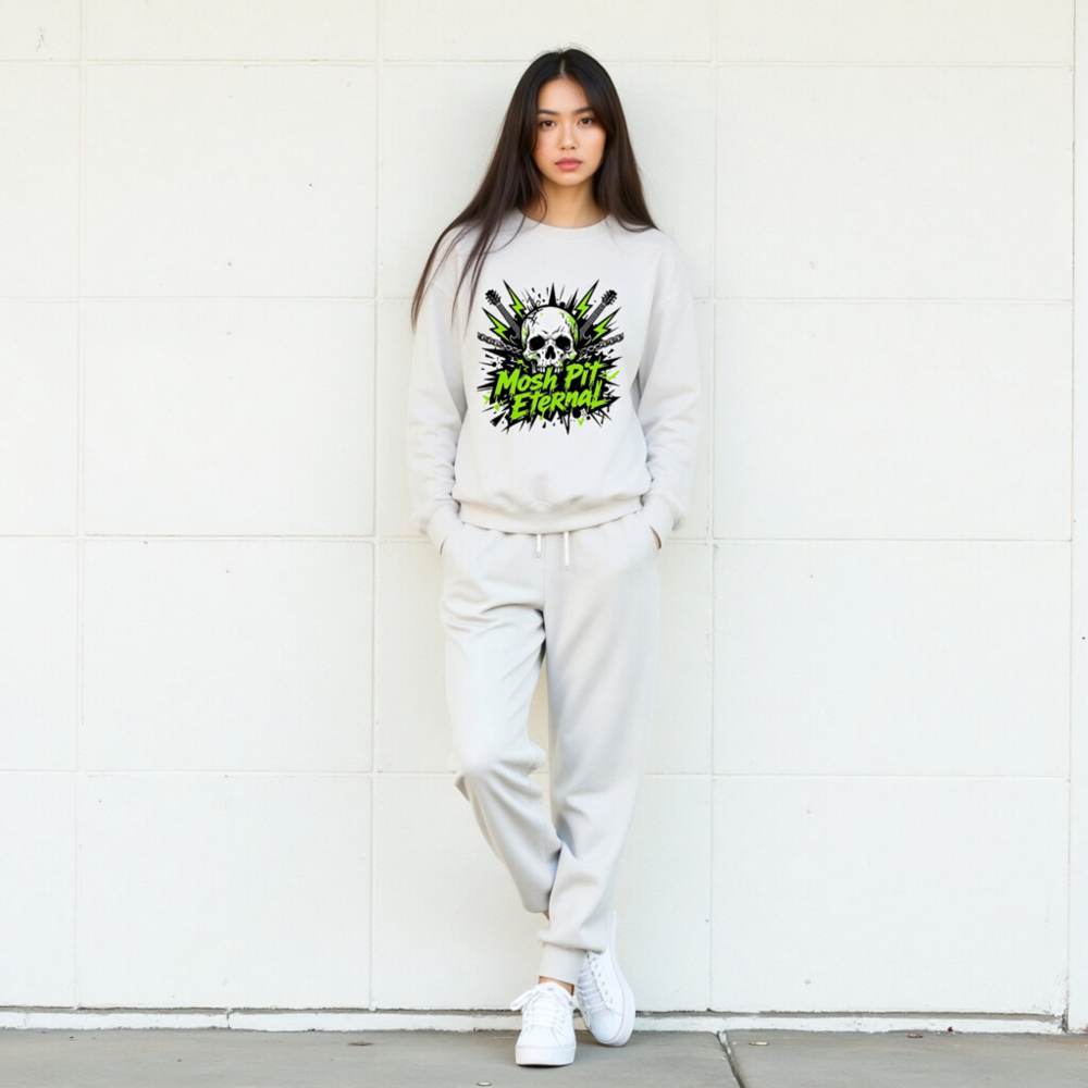 Mosh Pit Eternal Skull Sweatshirt | Unisex Crew Neck, Neon Green & Black Graphic - Image 9