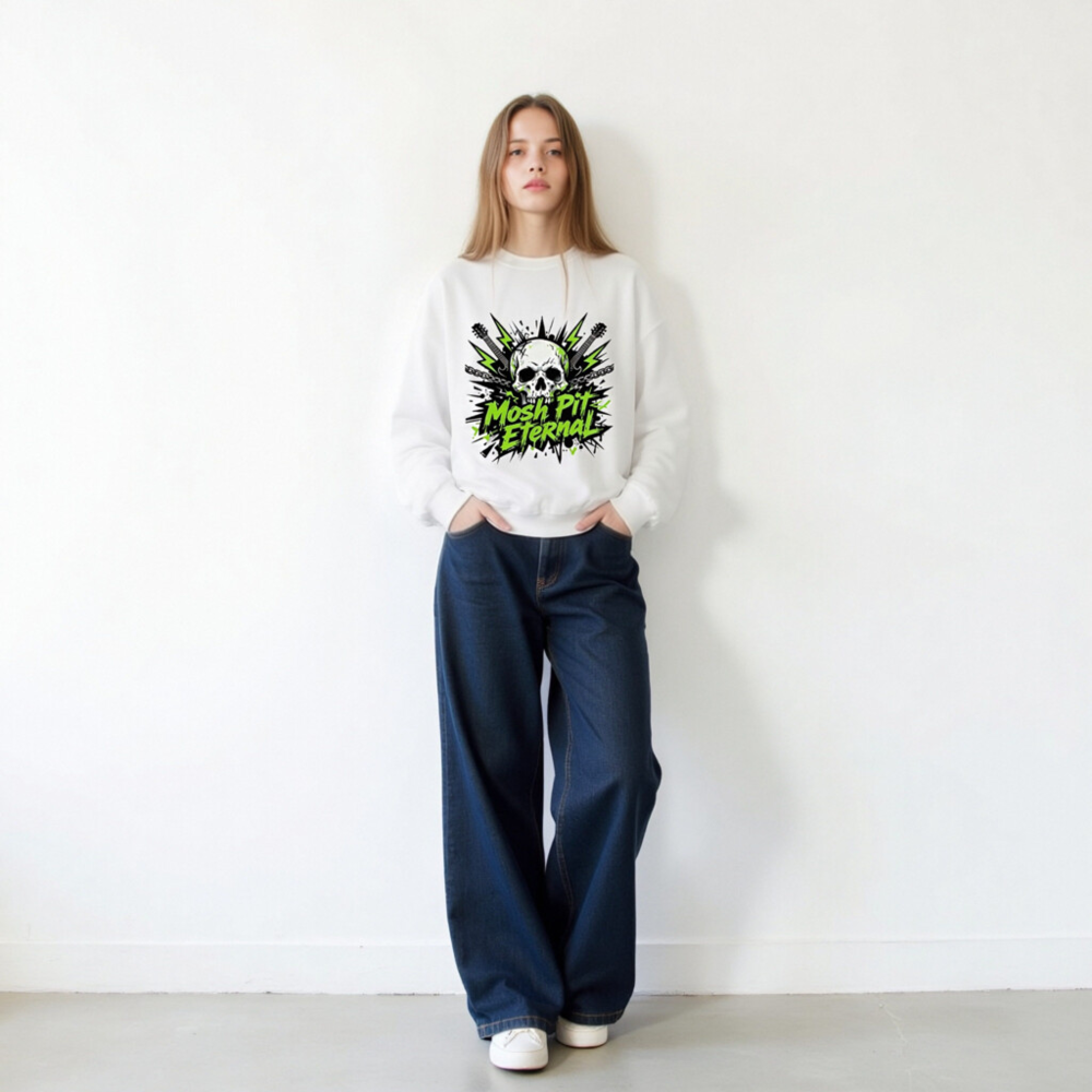 Mosh Pit Eternal Skull Sweatshirt | Unisex Crew Neck, Neon Green & Black Graphic - Image 11