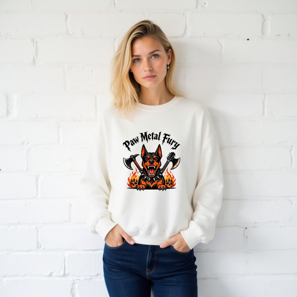 Paw Metal Fury Unisex Crew Neck Sweatshirt | Black & Orange Dog with Axes, Flames & Skulls - Image 2