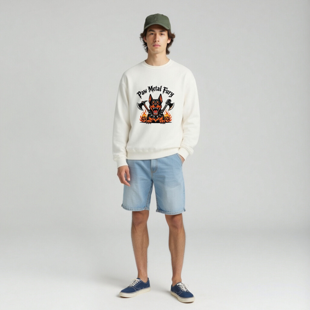 Paw Metal Fury Unisex Crew Neck Sweatshirt | Black & Orange Dog with Axes, Flames & Skulls - Image 3