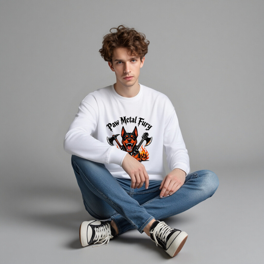 Paw Metal Fury Unisex Crew Neck Sweatshirt | Black & Orange Dog with Axes, Flames & Skulls - Image 4