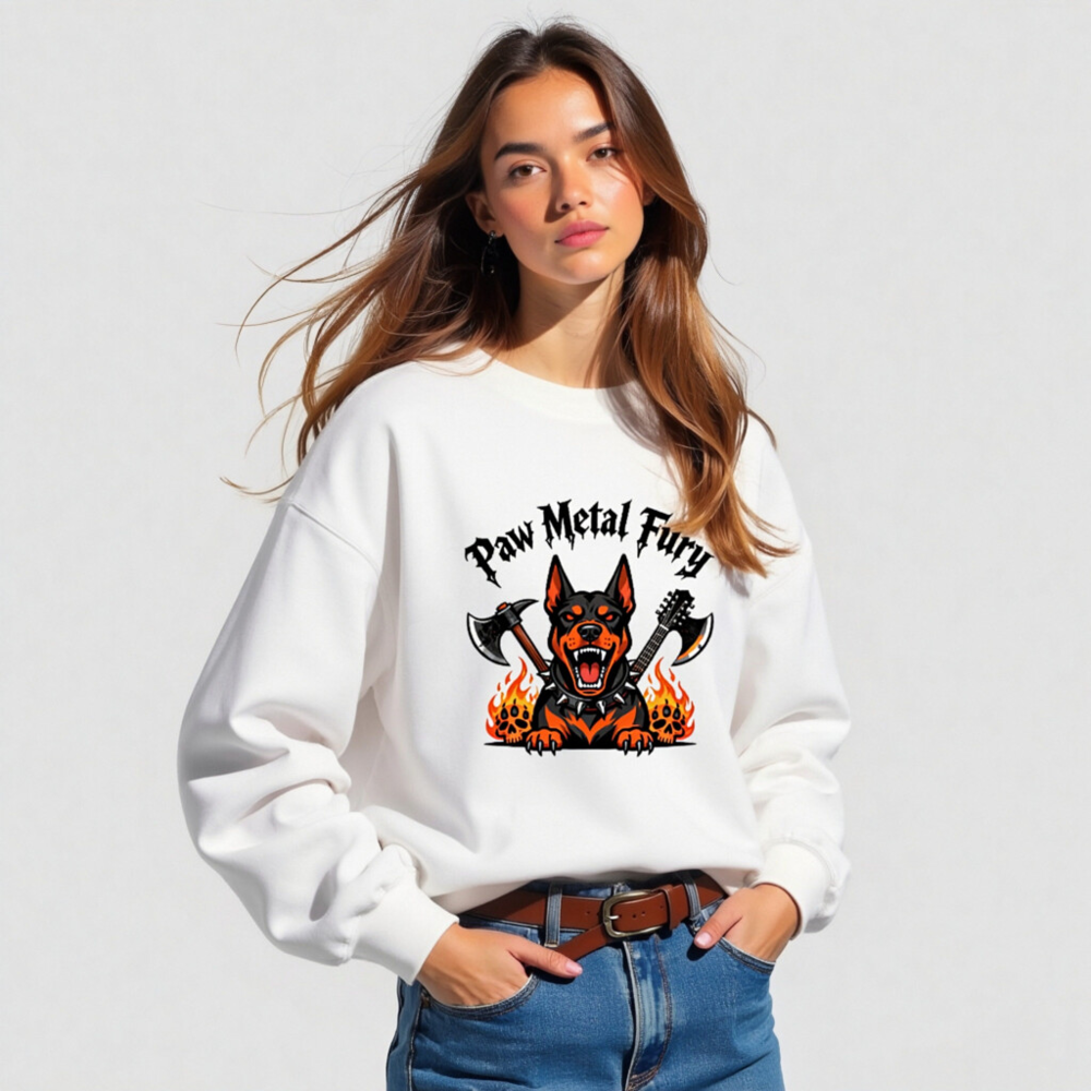 Paw Metal Fury Unisex Crew Neck Sweatshirt | Black & Orange Dog with Axes, Flames & Skulls - Image 5
