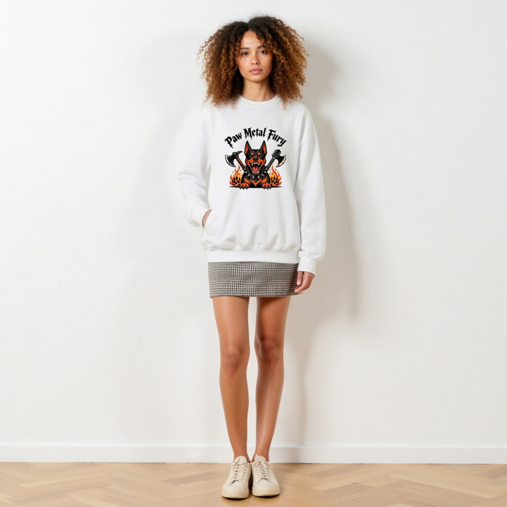 Paw Metal Fury Unisex Crew Neck Sweatshirt | Black & Orange Dog with Axes, Flames & Skulls - Image 6