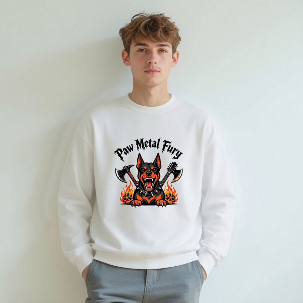 Paw Metal Fury Unisex Crew Neck Sweatshirt | Black & Orange Dog with Axes, Flames & Skulls - Image 7