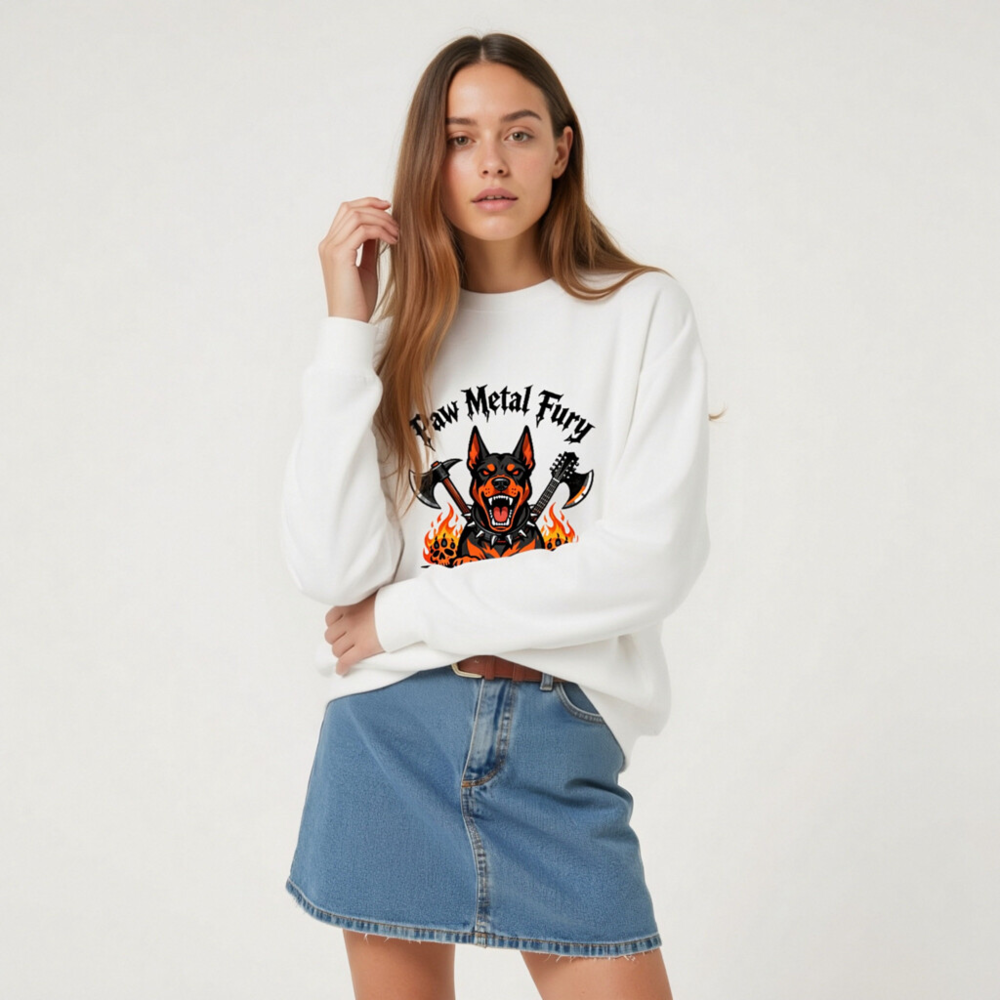 Paw Metal Fury Unisex Crew Neck Sweatshirt | Black & Orange Dog with Axes, Flames & Skulls - Image 8