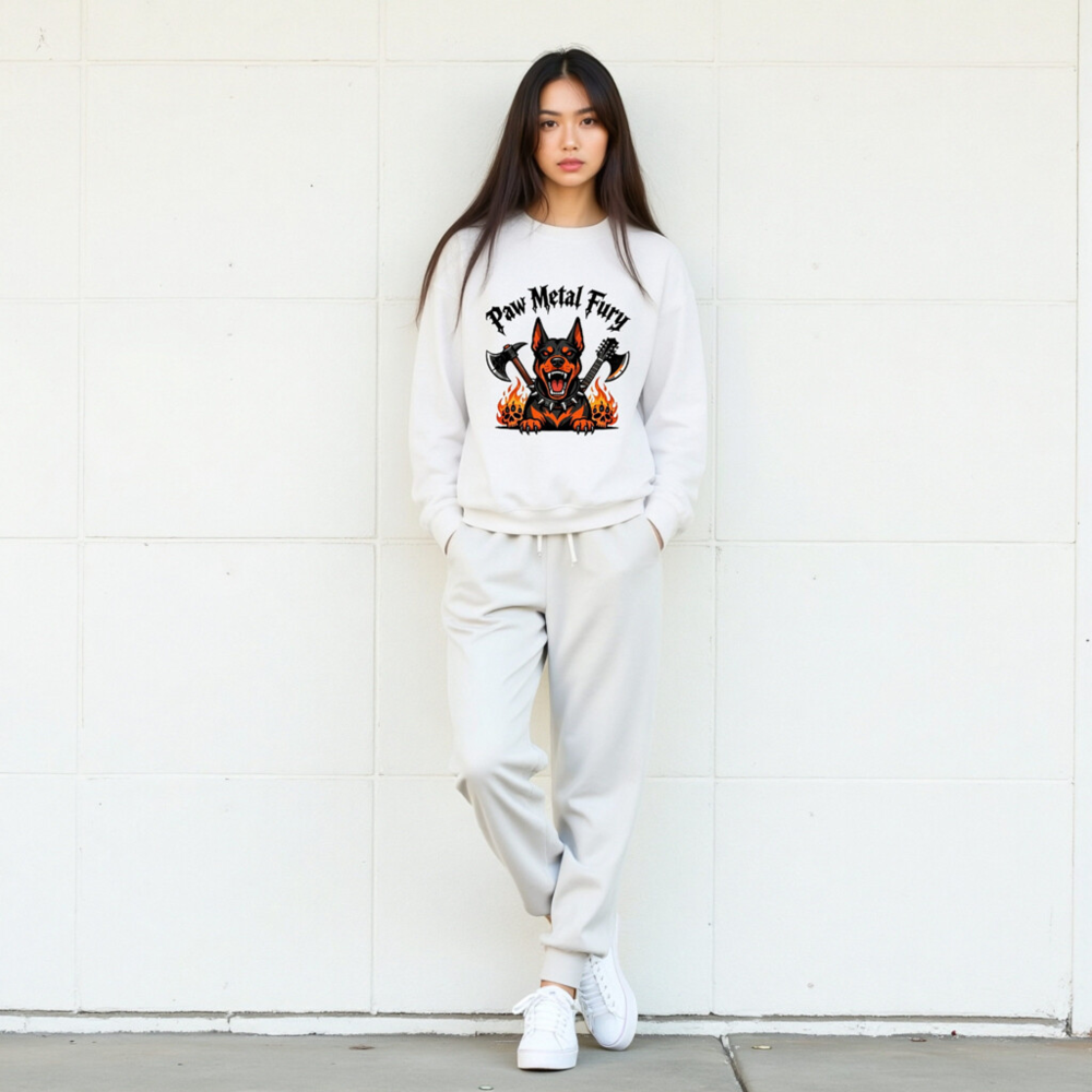 Paw Metal Fury Unisex Crew Neck Sweatshirt | Black & Orange Dog with Axes, Flames & Skulls - Image 9