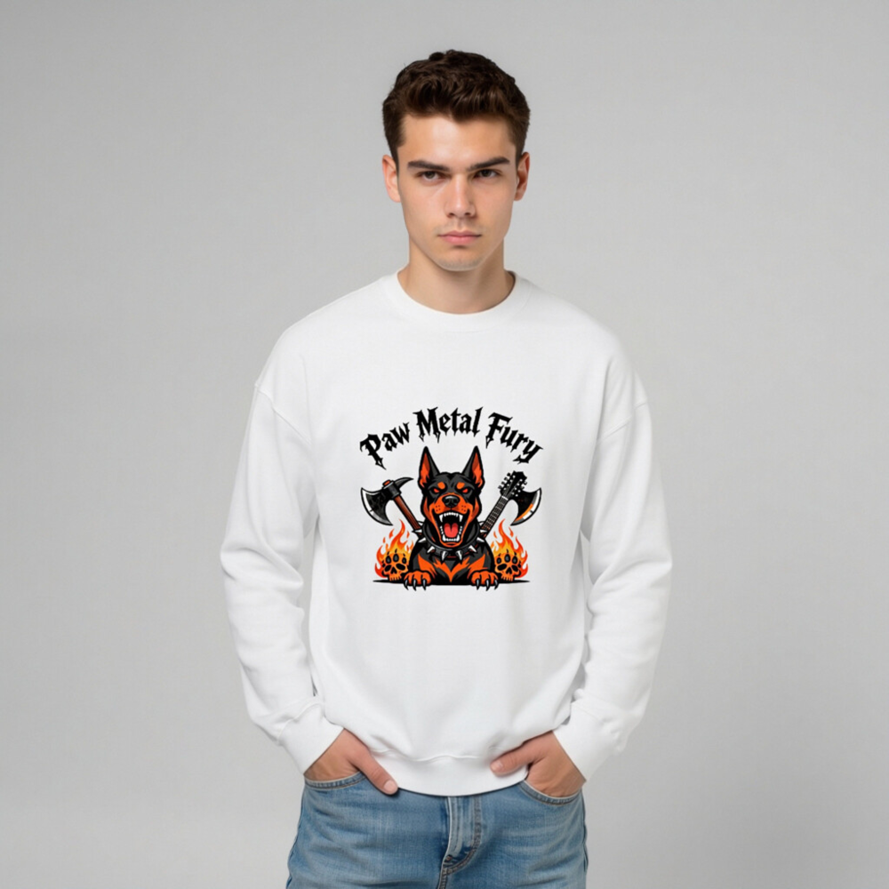 Paw Metal Fury Unisex Crew Neck Sweatshirt | Black & Orange Dog with Axes, Flames & Skulls - Image 10