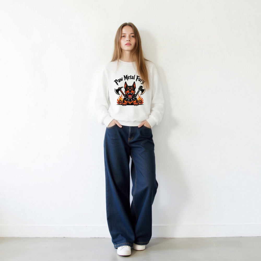 Paw Metal Fury Unisex Crew Neck Sweatshirt | Black & Orange Dog with Axes, Flames & Skulls - Image 11