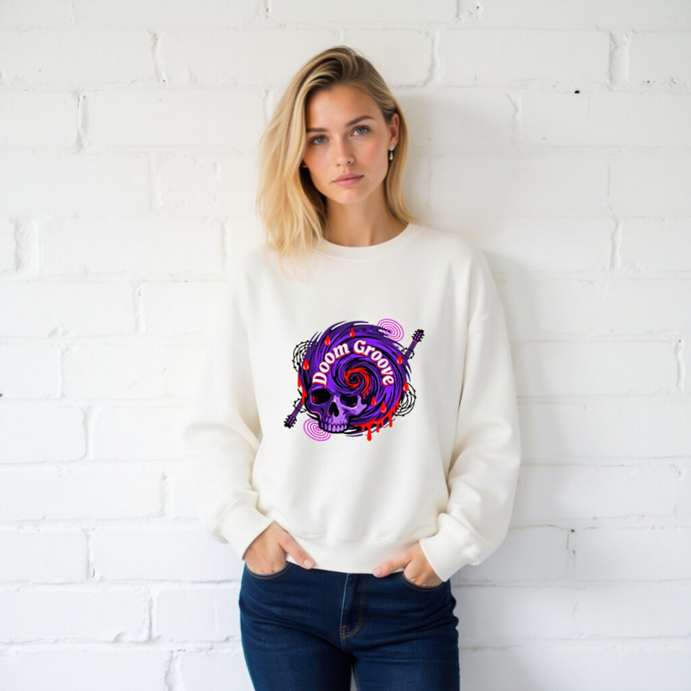Doom Groove Skull Sweatshirt - Unisex Crew Neck, Purple Spiral Design with Guitar & Blood Drops - Image 2