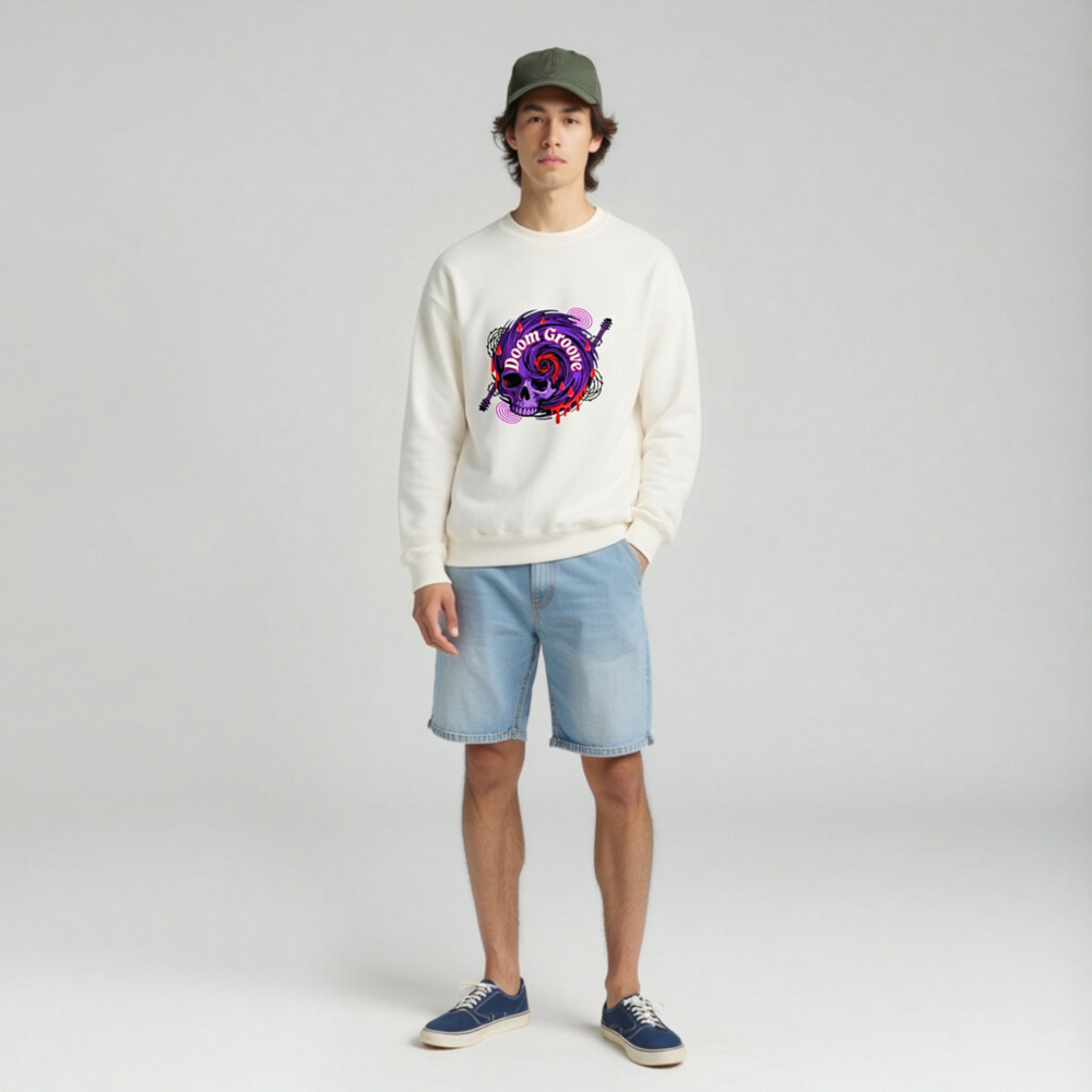 Doom Groove Skull Sweatshirt - Unisex Crew Neck, Purple Spiral Design with Guitar & Blood Drops - Image 3