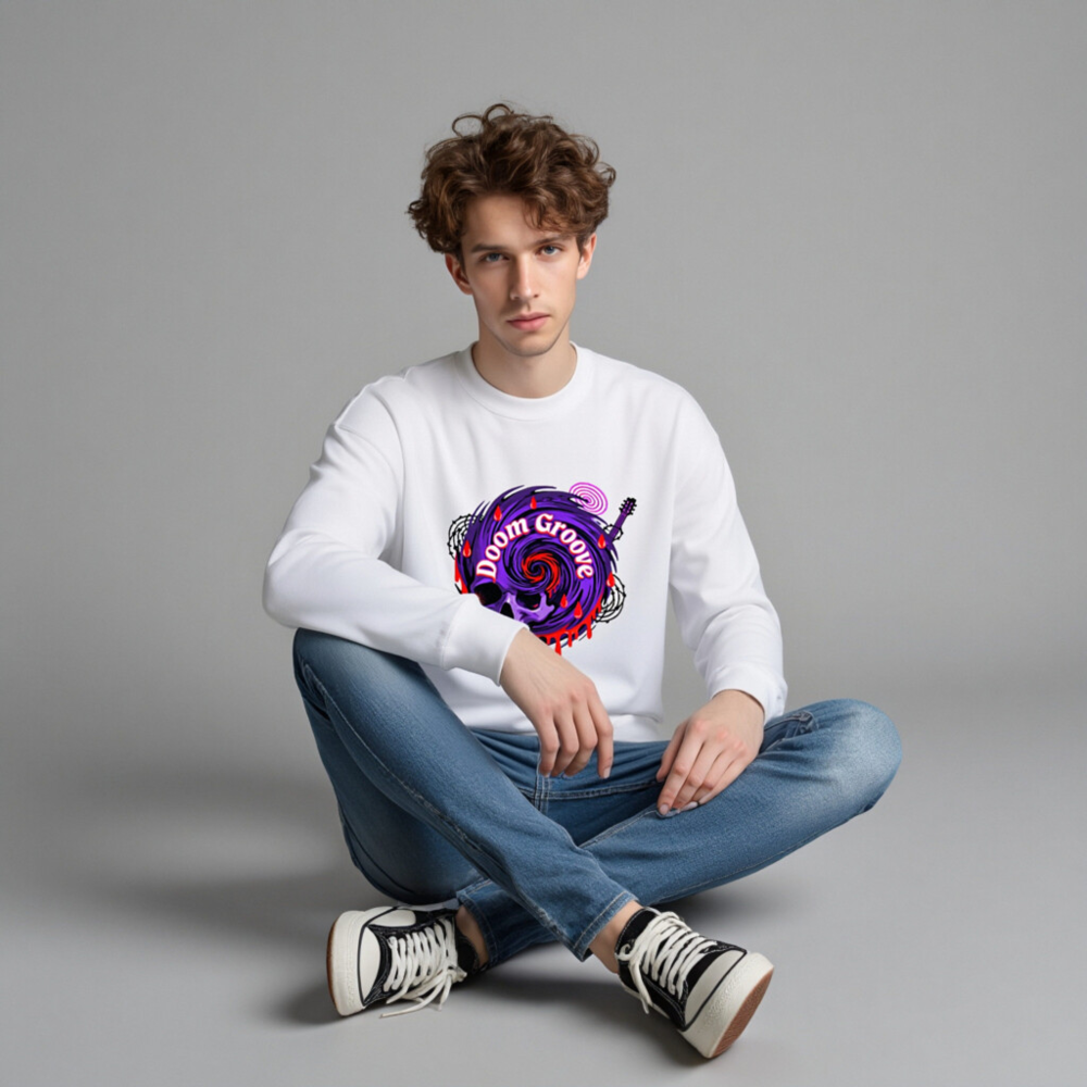 Doom Groove Skull Sweatshirt - Unisex Crew Neck, Purple Spiral Design with Guitar & Blood Drops - Image 4