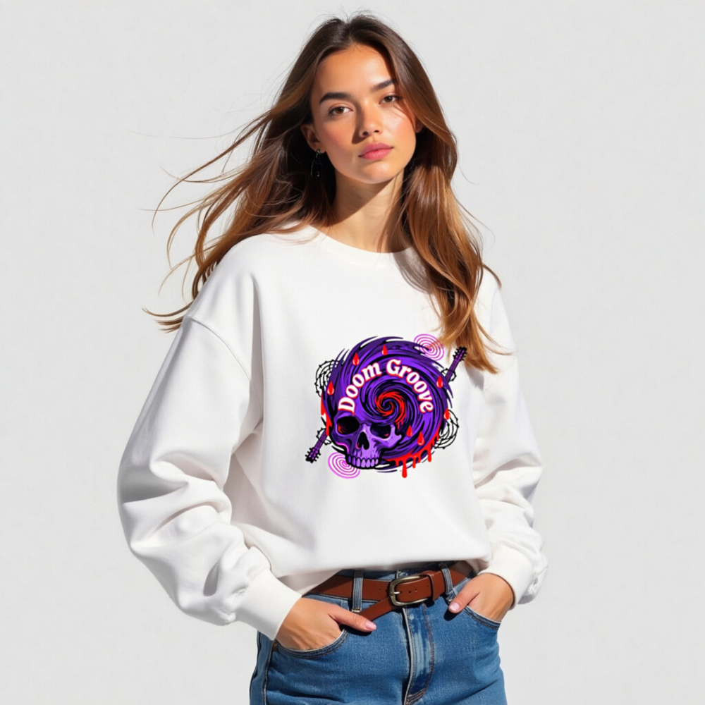 Doom Groove Skull Sweatshirt - Unisex Crew Neck, Purple Spiral Design with Guitar & Blood Drops - Image 5