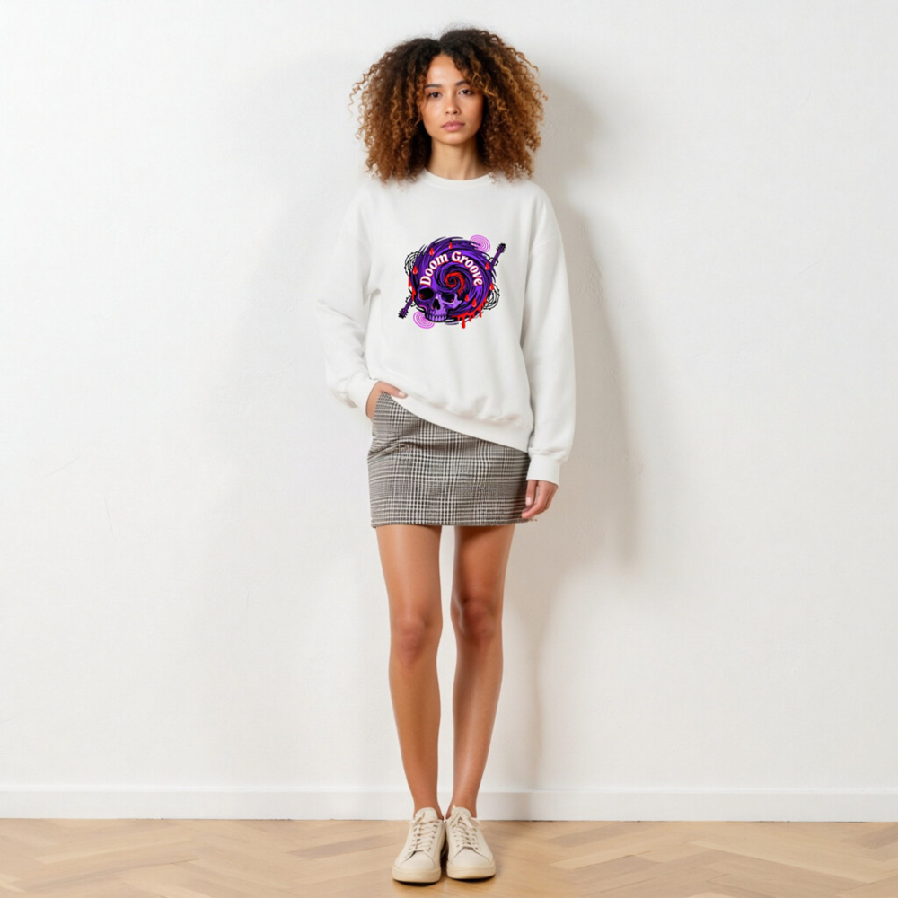Doom Groove Skull Sweatshirt - Unisex Crew Neck, Purple Spiral Design with Guitar & Blood Drops - Image 6