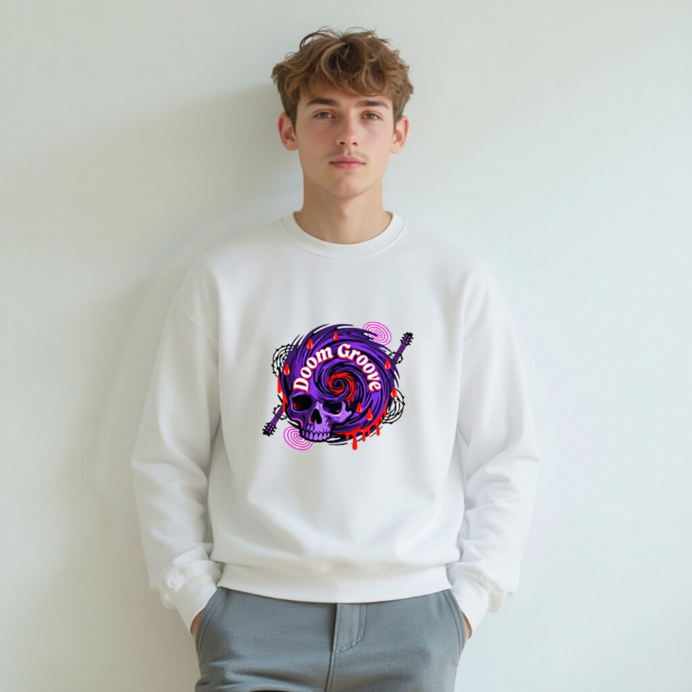 Doom Groove Skull Sweatshirt - Unisex Crew Neck, Purple Spiral Design with Guitar & Blood Drops - Image 7