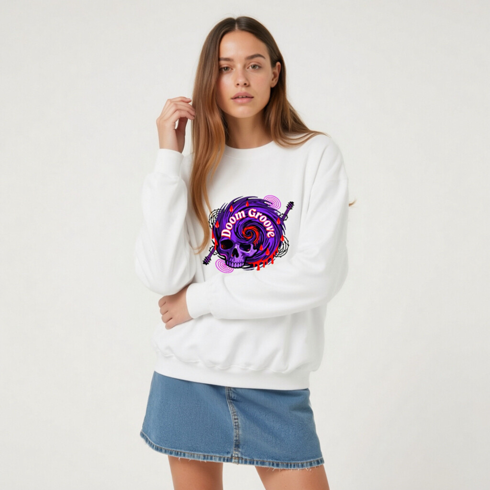 Doom Groove Skull Sweatshirt - Unisex Crew Neck, Purple Spiral Design with Guitar & Blood Drops - Image 8
