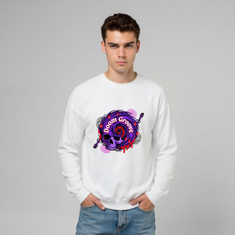 Doom Groove Skull Sweatshirt - Unisex Crew Neck, Purple Spiral Design with Guitar & Blood Drops - Image 10