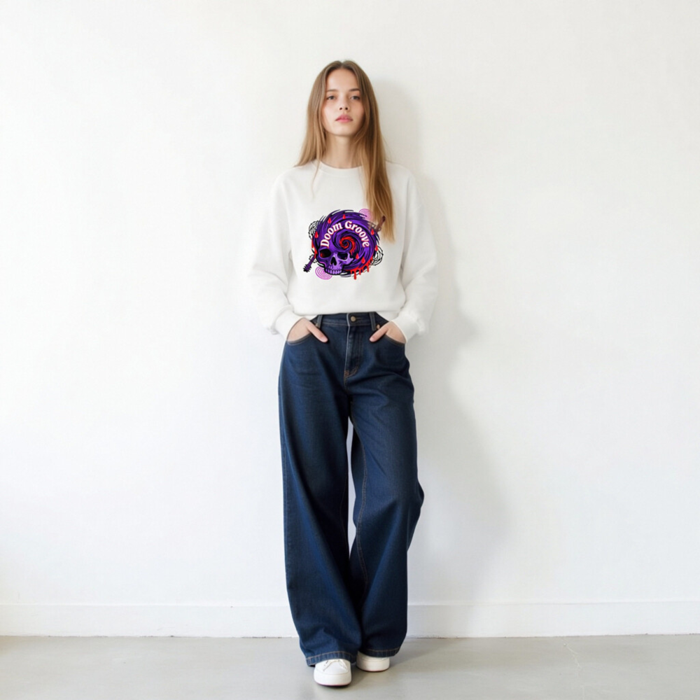 Doom Groove Skull Sweatshirt - Unisex Crew Neck, Purple Spiral Design with Guitar & Blood Drops - Image 11