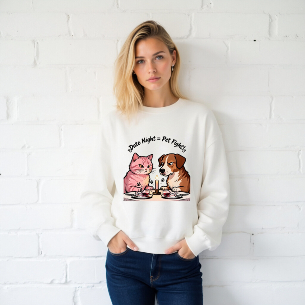 Unisex Crew Neck Sweatshirt - 'Date Night = Pet Fight!' Cat & Dog Graphic - Image 2