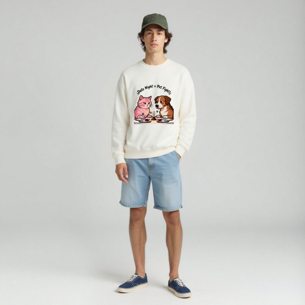 Unisex Crew Neck Sweatshirt - 'Date Night = Pet Fight!' Cat & Dog Graphic - Image 3