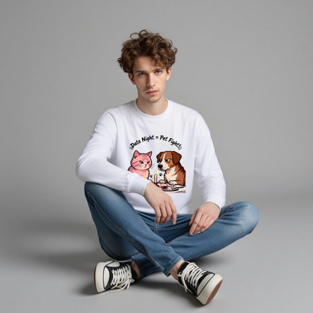 Unisex Crew Neck Sweatshirt - 'Date Night = Pet Fight!' Cat & Dog Graphic - Image 4