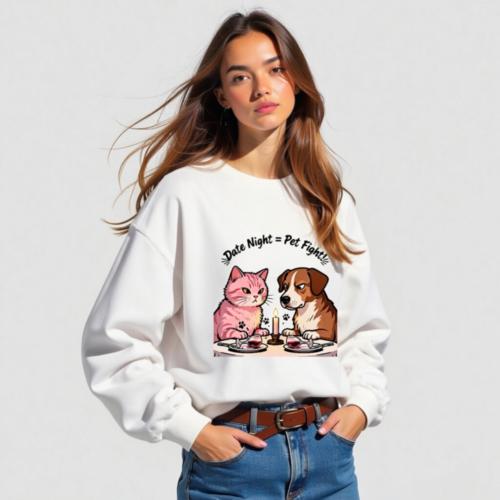 Unisex Crew Neck Sweatshirt - 'Date Night = Pet Fight!' Cat & Dog Graphic - Image 5