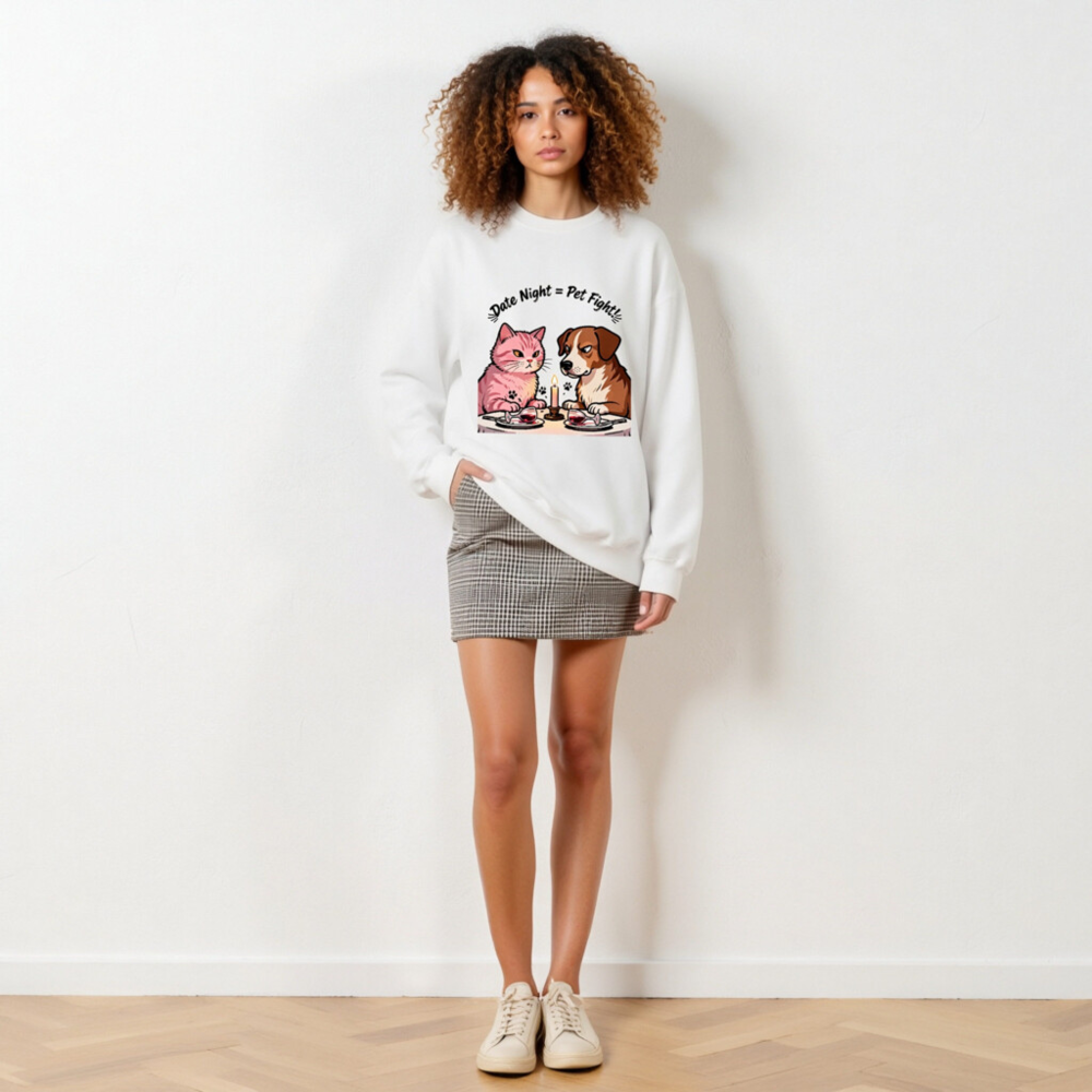 Unisex Crew Neck Sweatshirt - 'Date Night = Pet Fight!' Cat & Dog Graphic - Image 6