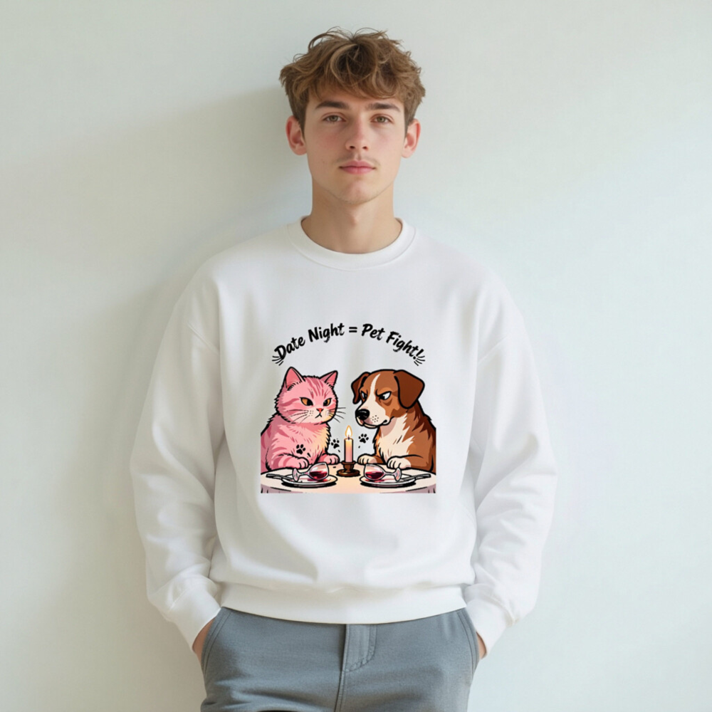 Unisex Crew Neck Sweatshirt - 'Date Night = Pet Fight!' Cat & Dog Graphic - Image 7