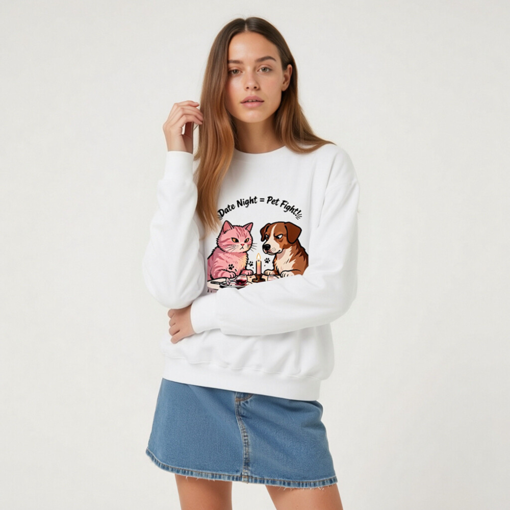 Unisex Crew Neck Sweatshirt - 'Date Night = Pet Fight!' Cat & Dog Graphic - Image 8