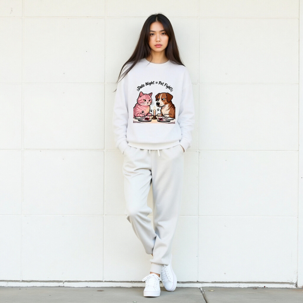 Unisex Crew Neck Sweatshirt - 'Date Night = Pet Fight!' Cat & Dog Graphic - Image 9