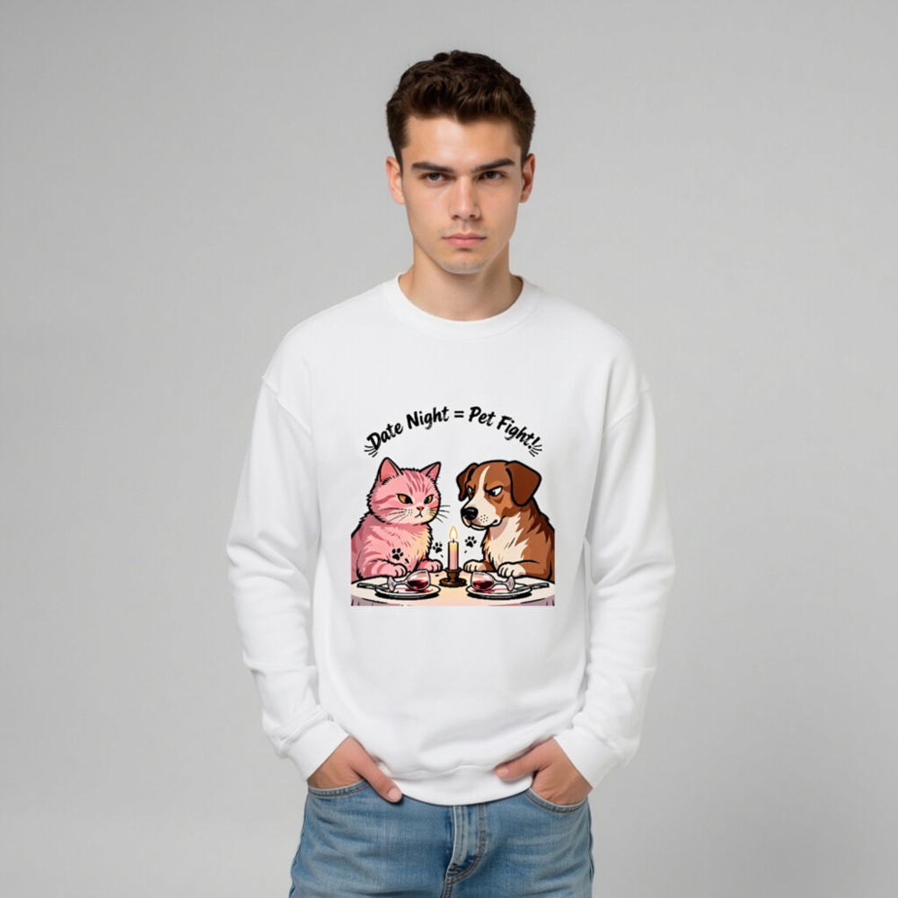 Unisex Crew Neck Sweatshirt - 'Date Night = Pet Fight!' Cat & Dog Graphic - Image 10