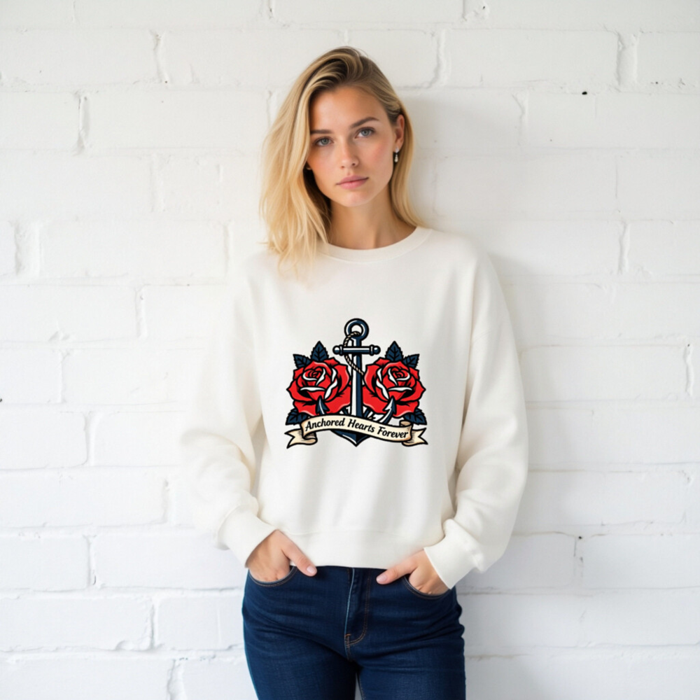 Unisex Crew Neck Sweatshirt - Anchored Hearts Forever Anchor & Rose Tattoo Design - Image 2