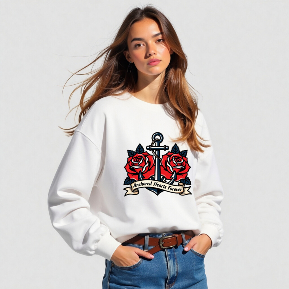 Unisex Crew Neck Sweatshirt - Anchored Hearts Forever Anchor & Rose Tattoo Design - Image 5