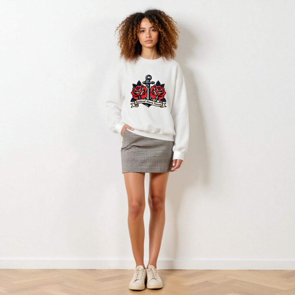 Unisex Crew Neck Sweatshirt - Anchored Hearts Forever Anchor & Rose Tattoo Design - Image 6