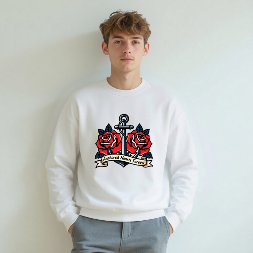 Unisex Crew Neck Sweatshirt - Anchored Hearts Forever Anchor & Rose Tattoo Design - Image 7