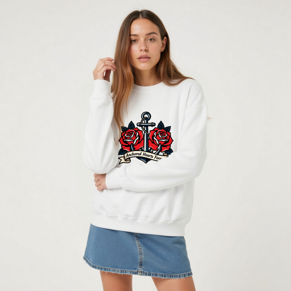 Unisex Crew Neck Sweatshirt - Anchored Hearts Forever Anchor & Rose Tattoo Design - Image 8