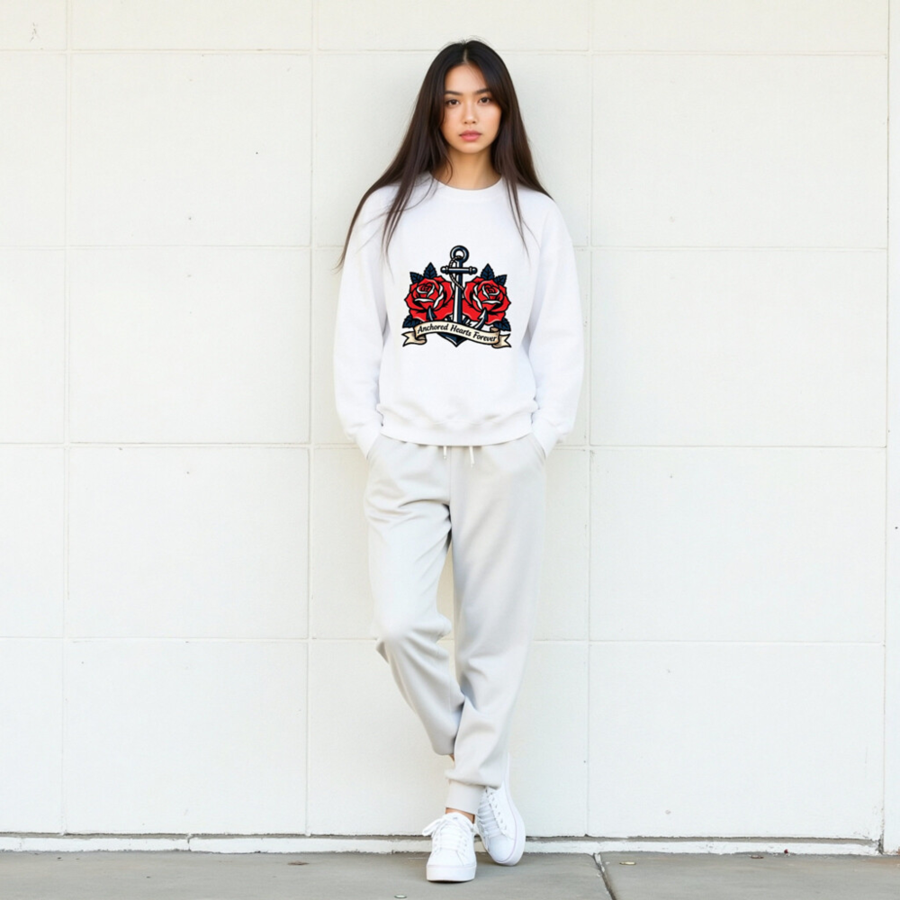 Unisex Crew Neck Sweatshirt - Anchored Hearts Forever Anchor & Rose Tattoo Design - Image 9