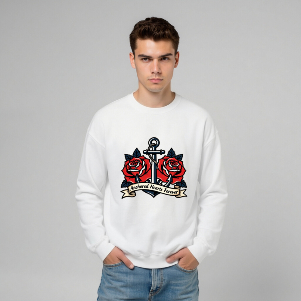 Unisex Crew Neck Sweatshirt - Anchored Hearts Forever Anchor & Rose Tattoo Design - Image 10