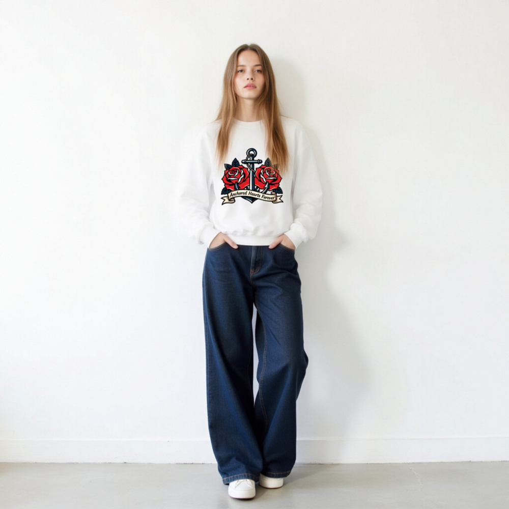 Unisex Crew Neck Sweatshirt - Anchored Hearts Forever Anchor & Rose Tattoo Design - Image 11