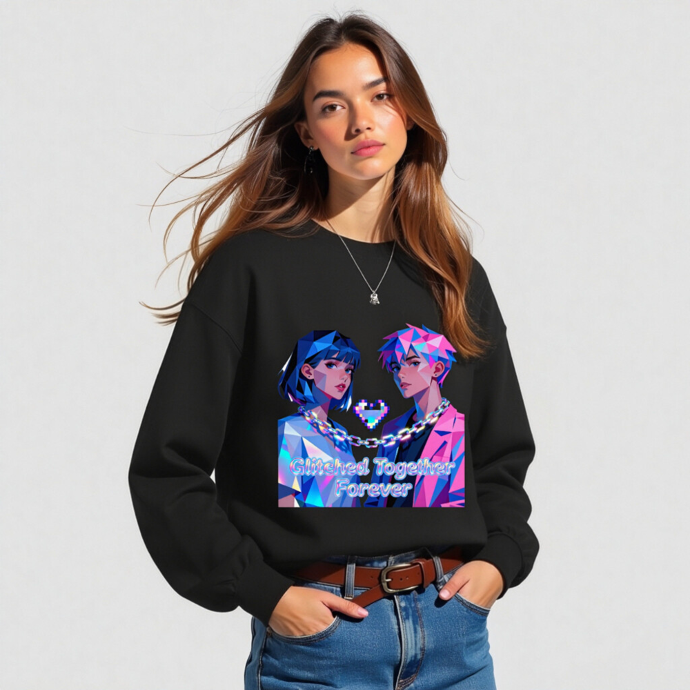 Glitched Together Forever Unisex Crew Neck Sweatshirt - Pixel Art Design - Image 2