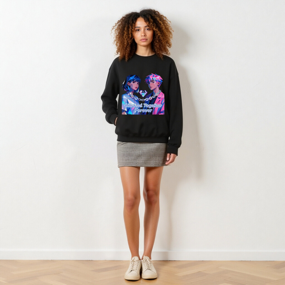 Glitched Together Forever Unisex Crew Neck Sweatshirt - Pixel Art Design - Image 3