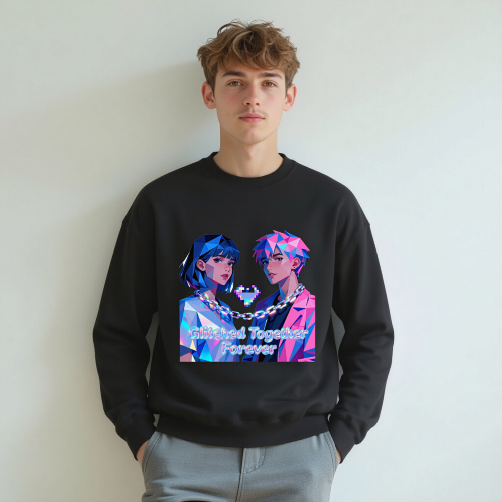Glitched Together Forever Unisex Crew Neck Sweatshirt - Pixel Art Design - Image 4