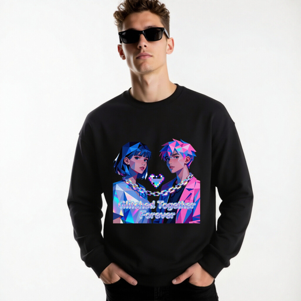 Glitched Together Forever Unisex Crew Neck Sweatshirt - Pixel Art Design - Image 6