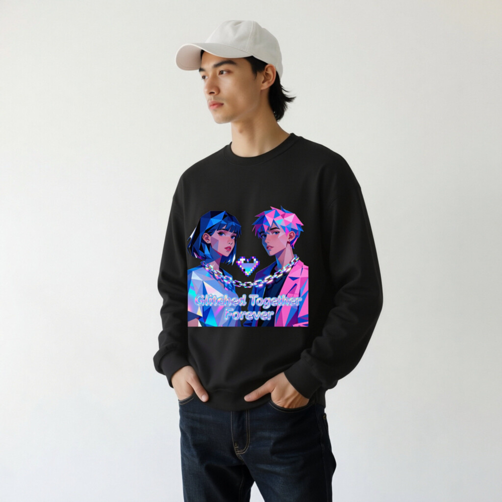 Glitched Together Forever Unisex Crew Neck Sweatshirt - Pixel Art Design - Image 8