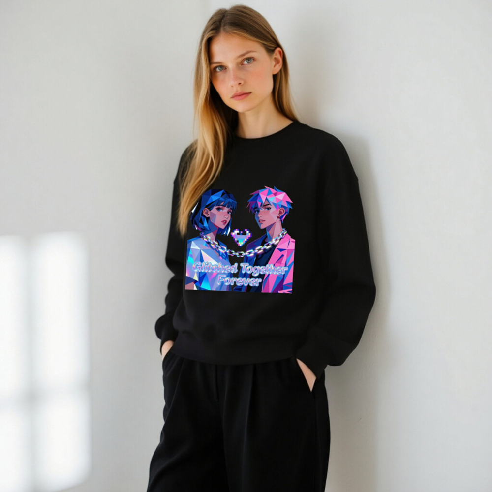 Glitched Together Forever Unisex Crew Neck Sweatshirt - Pixel Art Design - Image 11