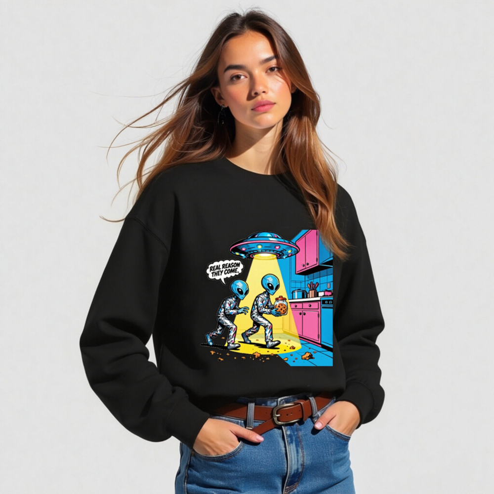 Unisex Crew Neck Sweatshirt - Alien Cookie Theft Graphic, Real Reason They Come - Image 2