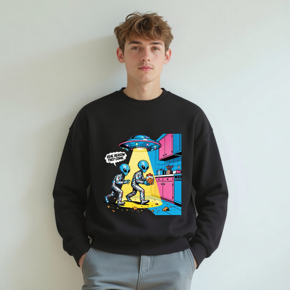 Unisex Crew Neck Sweatshirt - Alien Cookie Theft Graphic, Real Reason They Come - Image 4