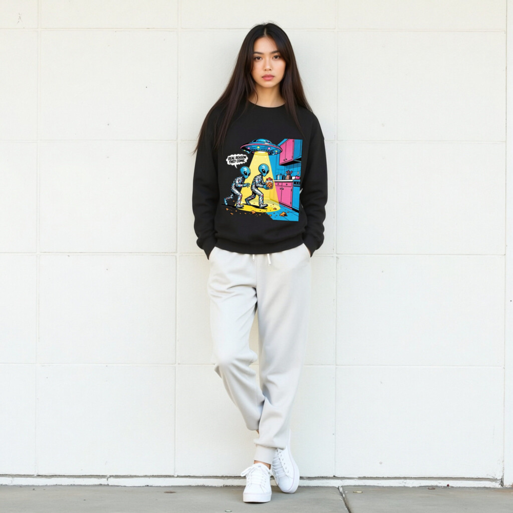 Unisex Crew Neck Sweatshirt - Alien Cookie Theft Graphic, Real Reason They Come - Image 5