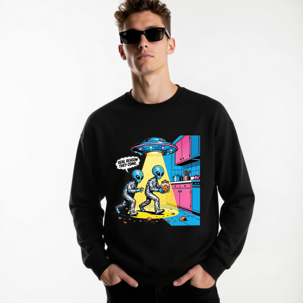 Unisex Crew Neck Sweatshirt - Alien Cookie Theft Graphic, Real Reason They Come - Image 6