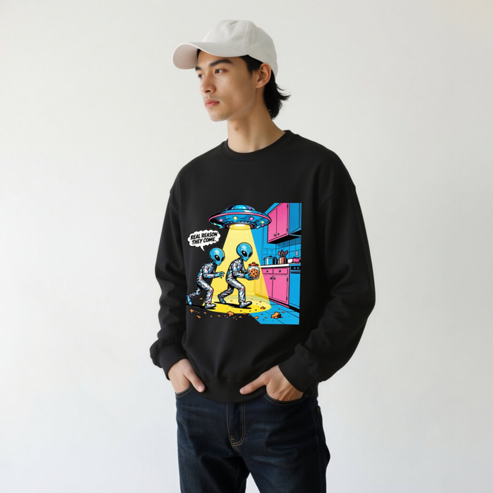 Unisex Crew Neck Sweatshirt - Alien Cookie Theft Graphic, Real Reason They Come - Image 8